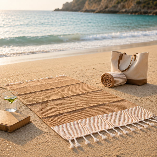 Fouta plage caramel & écru – légère, absorbante & idéale pour l’été