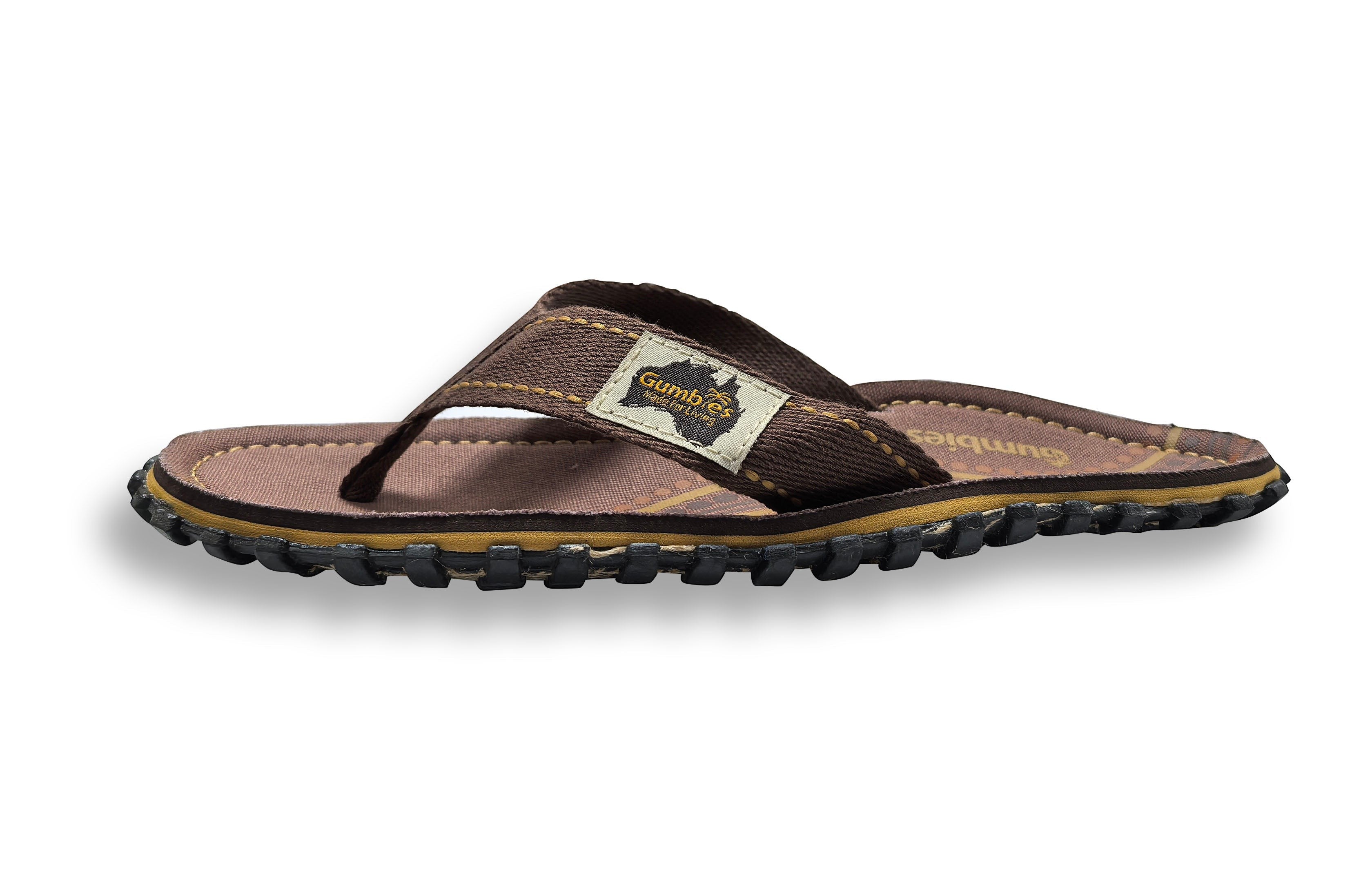 GUMBIES FRANCE Islander Aboriginal brown flip-flops with a textured sole and natural cotton straps.