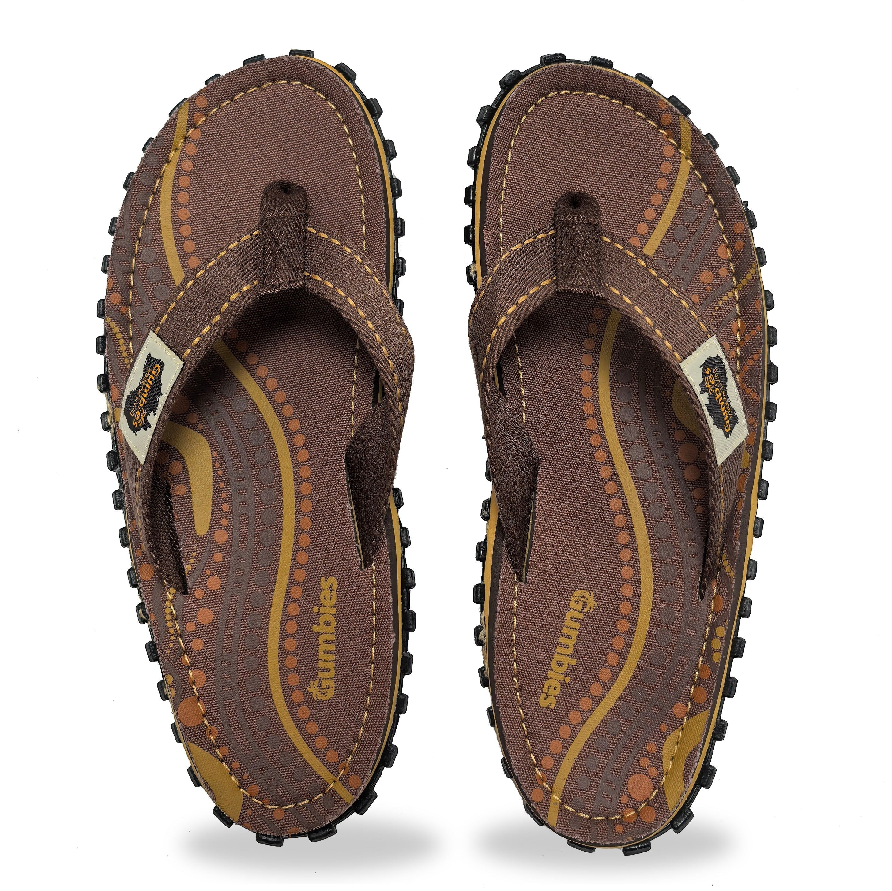 GUMBIES FRANCE Islander Aboriginal print flip-flops with brown canvas straps and recycled rubber sole.
