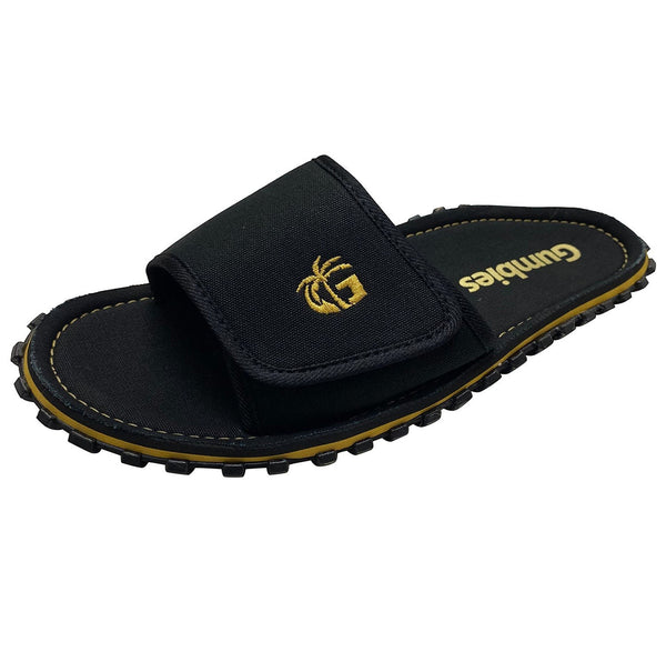 GUMBIES FRANCE black eco-friendly men's slides with adjustable strap and embroidered palm tree logo.