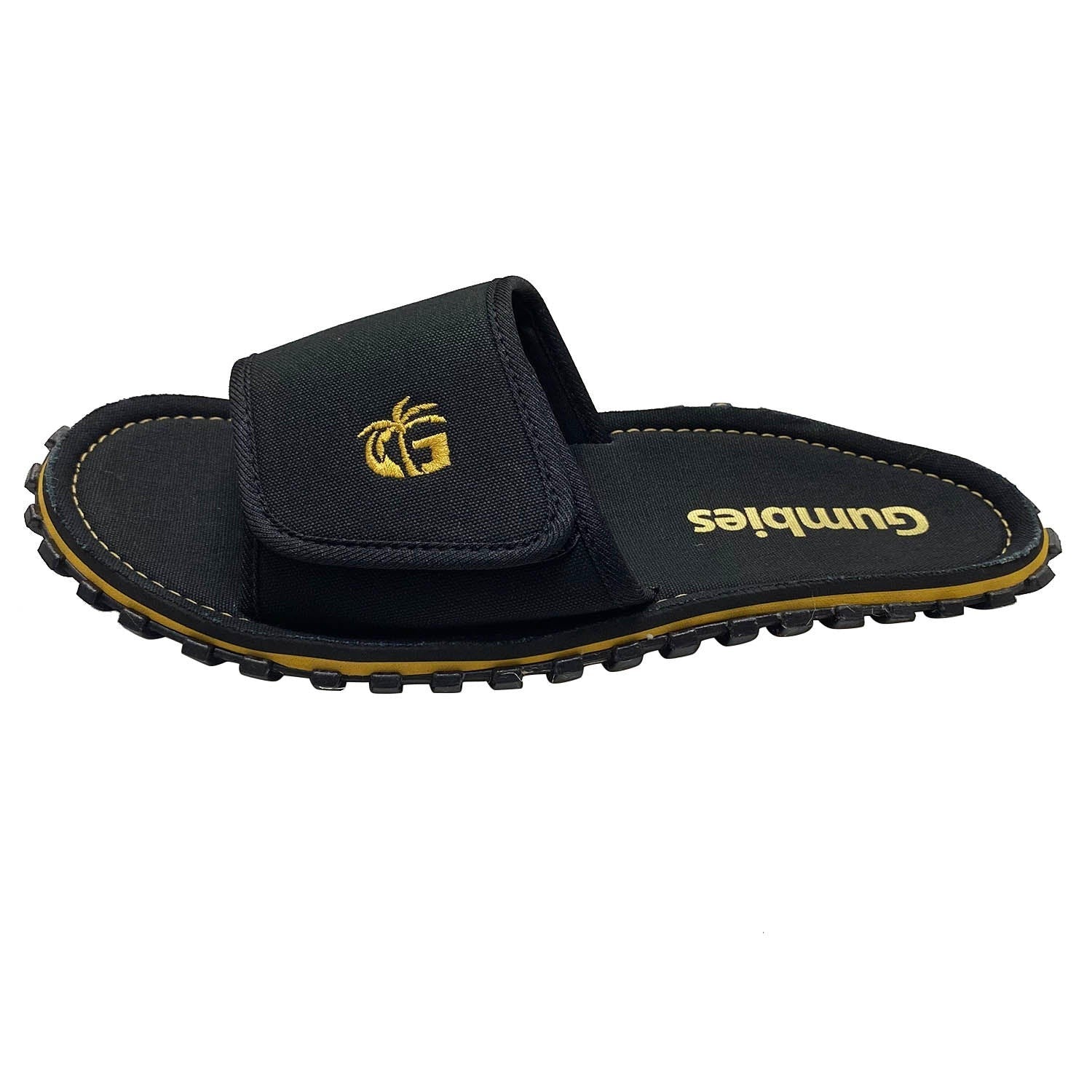 GUMBIES FRANCE black eco-friendly men's slides with adjustable strap and gold palm tree logo. Comfortable EVA sole.