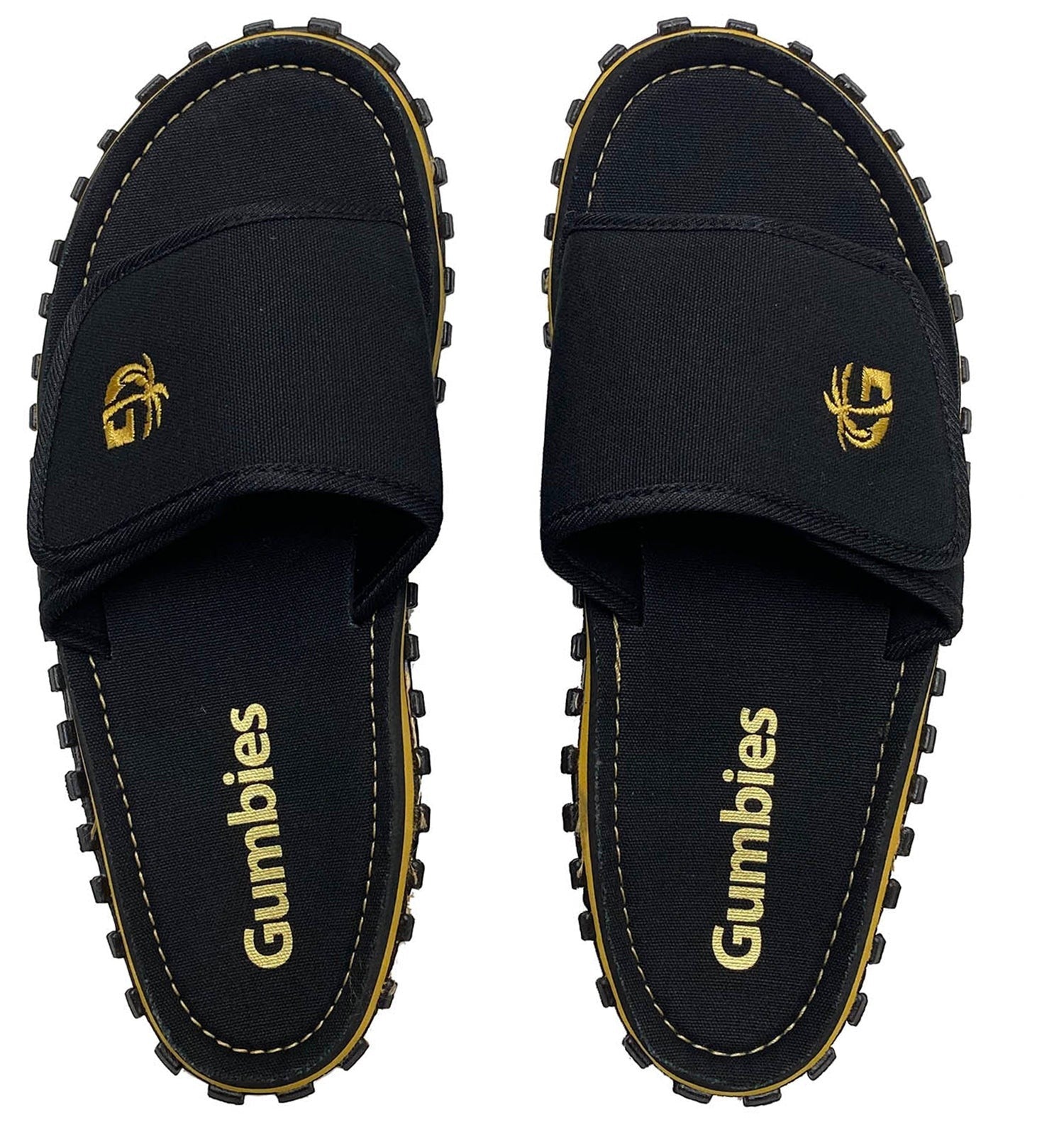 GUMBIES FRANCE black eco-friendly men's slides with gold logo and text, featuring a durable rubber and jute sole.