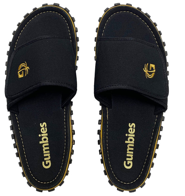 GUMBIES FRANCE black eco-friendly men's slides with gold logo and text, featuring a durable rubber and jute sole.