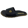 GUMBIES FRANCE black eco-friendly men's slides with adjustable strap and gold palm tree logo. Comfortable EVA sole.