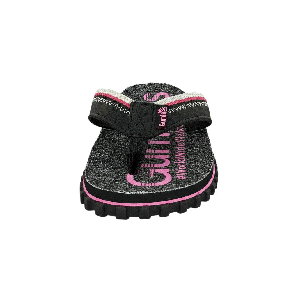 GUMBIES FRANCE black and pink flip-flops with recycled rubber sole and cotton straps. Features Gumbies logo and #WorldWideWalkabout text.