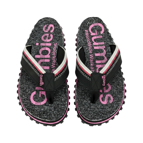 GUMBIES FRANCE black and pink flip-flops with recycled rubber sole and cotton straps. Features '#WorldWideWalkabout' text.