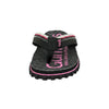 GUMBIES FRANCE black and pink flip-flops with recycled rubber sole and cotton straps. Features Gumbies logo and #WorldWideWalkabout text.