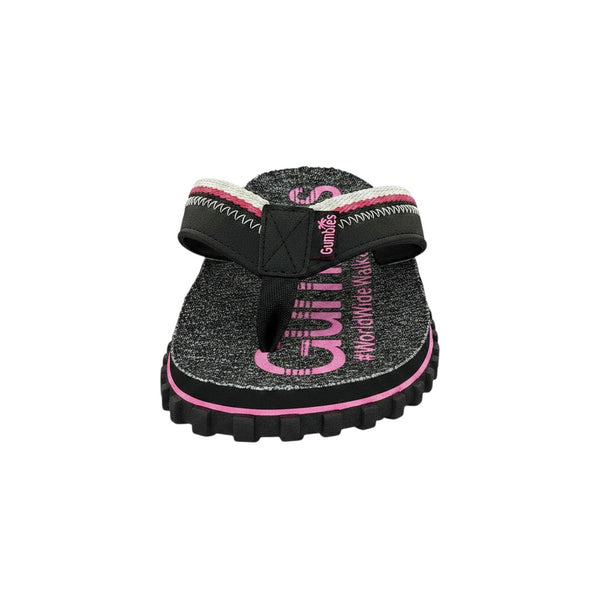 GUMBIES FRANCE black and pink flip-flops with recycled rubber sole and cotton straps. Features Gumbies logo and #WorldWideWalkabout text.