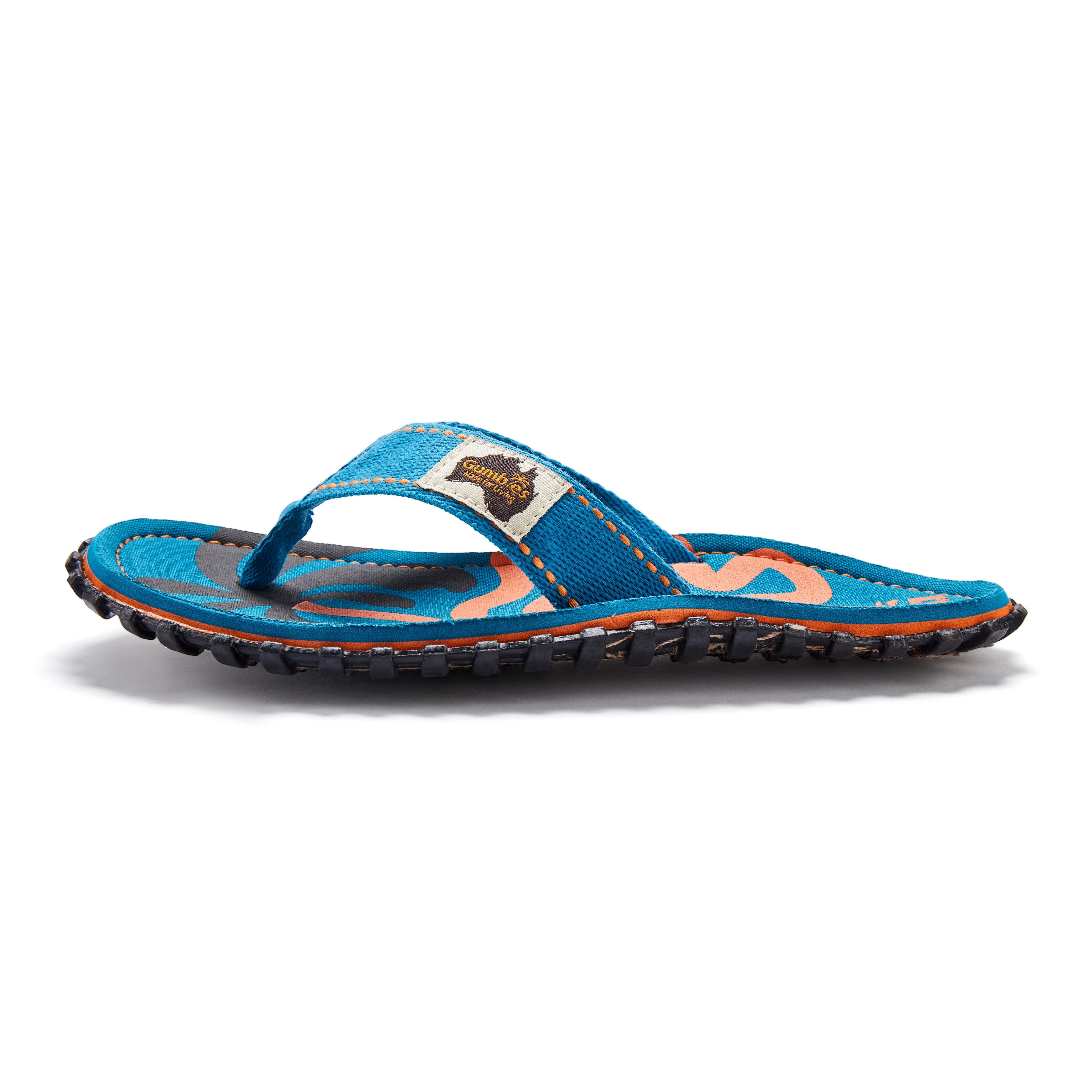 GUMBIES FRANCE blue palm print flip-flops with recycled rubber sole and natural cotton straps.