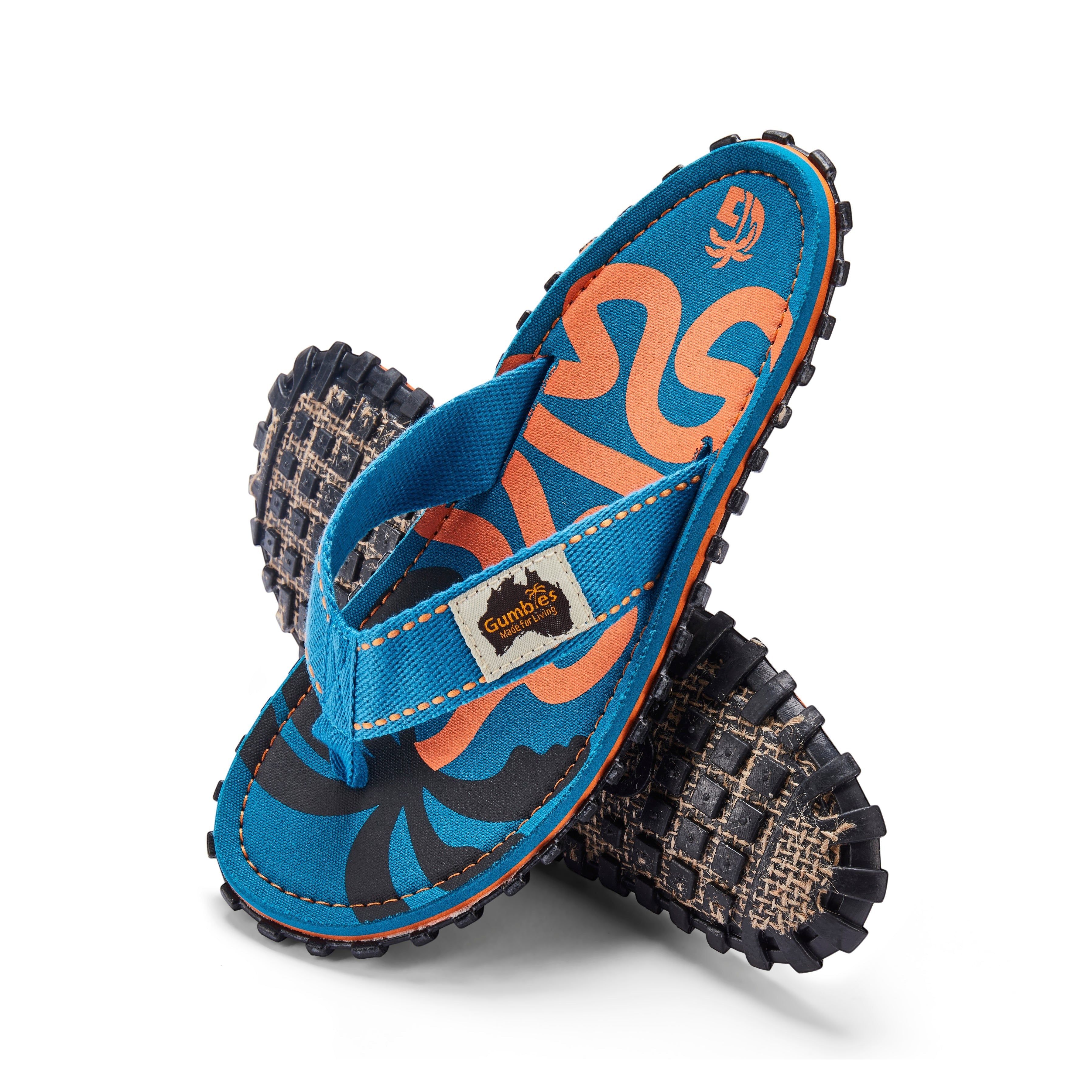 GUMBIES FRANCE blue and orange palm print flip-flops with natural cotton straps and recycled rubber sole.