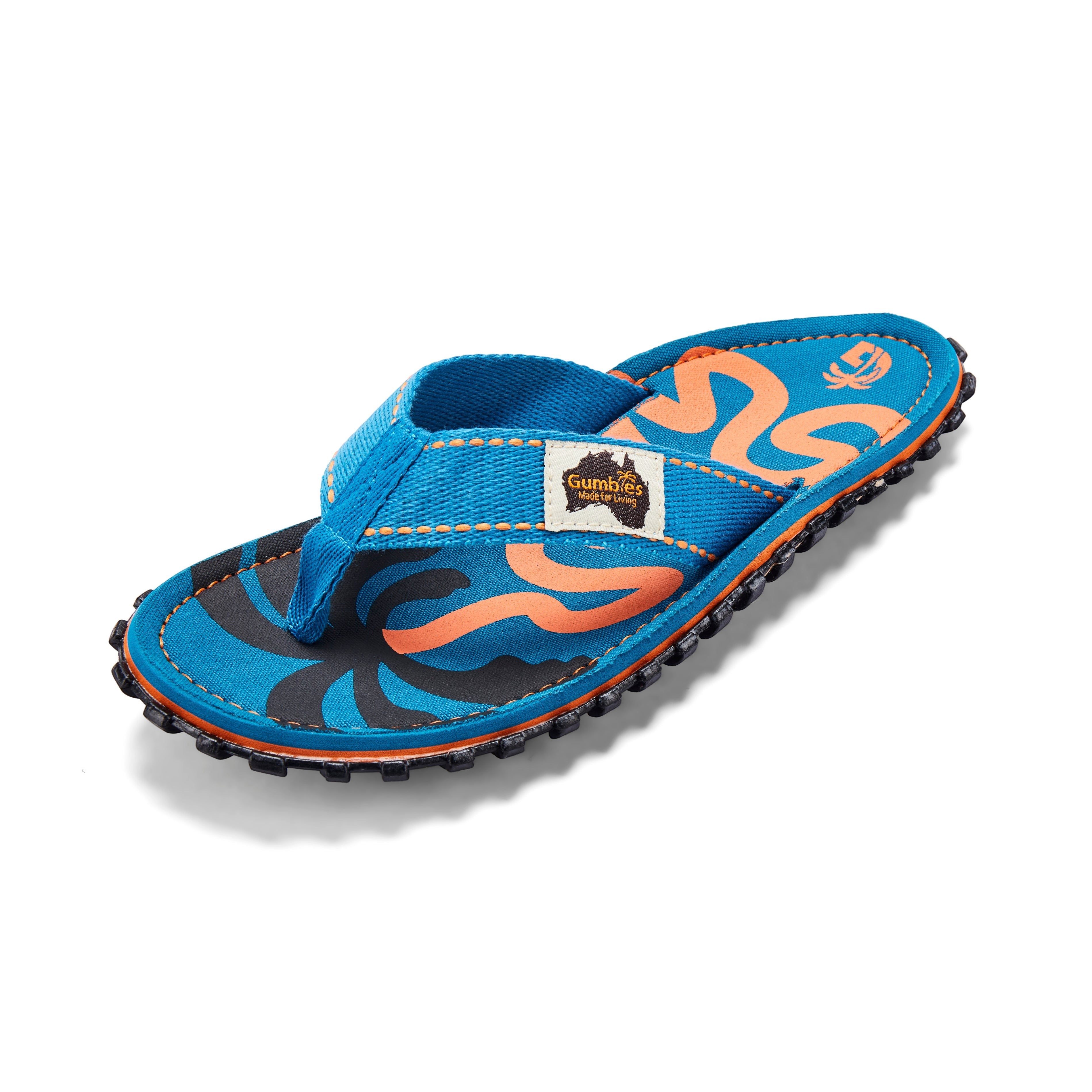 GUMBIES FRANCE blue ecological flip-flops with palm leaf pattern and orange accents. Comfortable, durable, and stylish for summer.