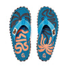 GUMBIES FRANCE blue eco-friendly men's flip-flops with orange palm leaf design and natural cotton straps.