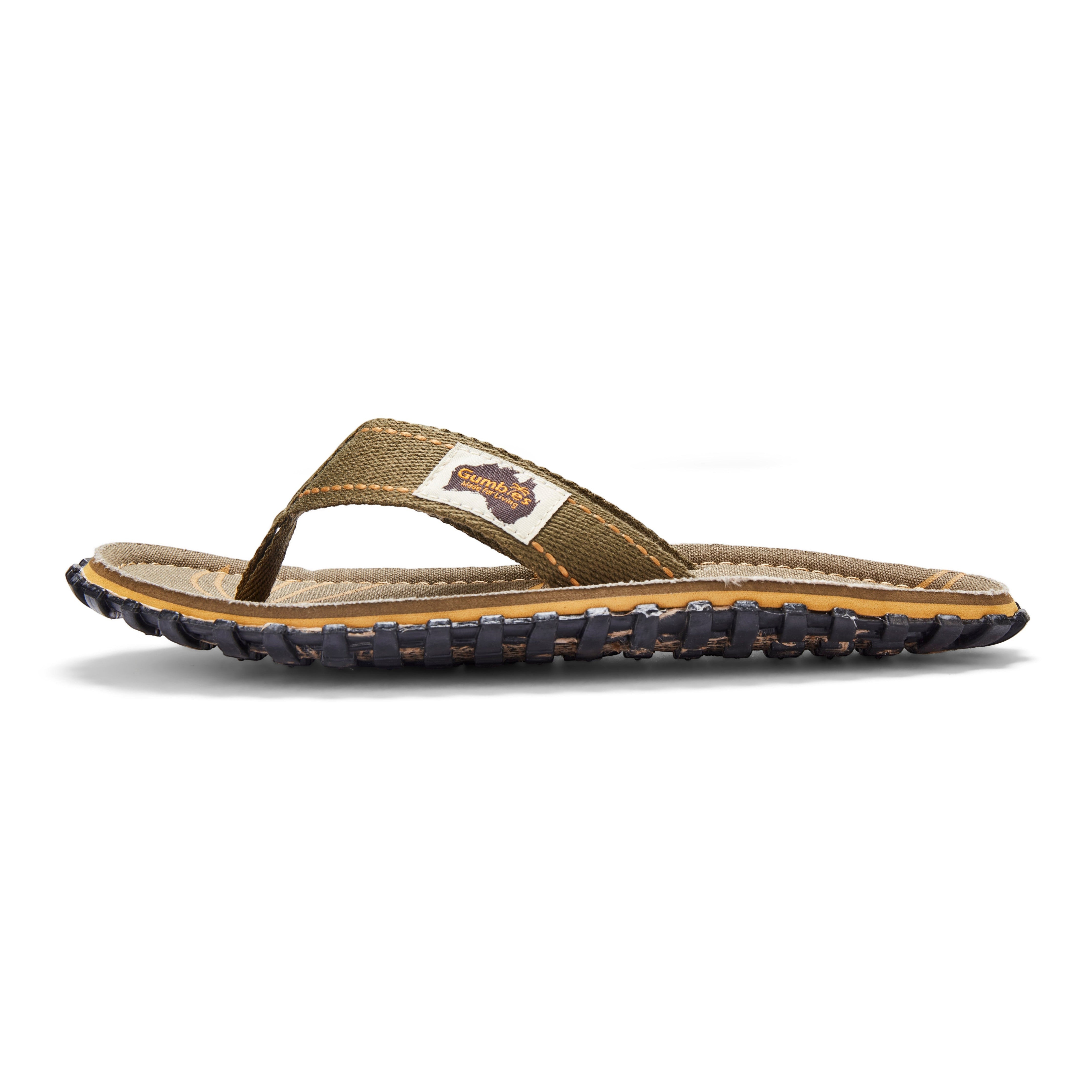 GUMBIES FRANCE Islander khaki flip-flops with a natural cotton strap and a recycled rubber sole with jute.