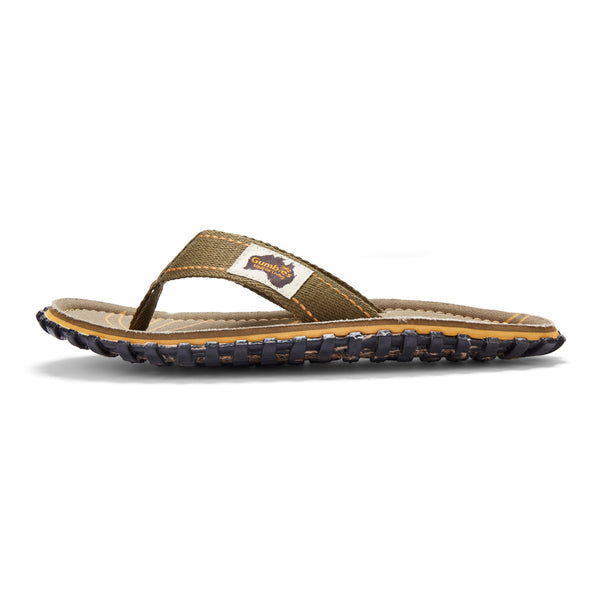GUMBIES FRANCE Islander khaki flip-flops with a natural cotton strap and a recycled rubber sole with jute.