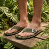 GUMBIES FRANCE Islander khaki green flip-flops with palm leaf pattern, natural cotton straps, and recycled rubber sole.