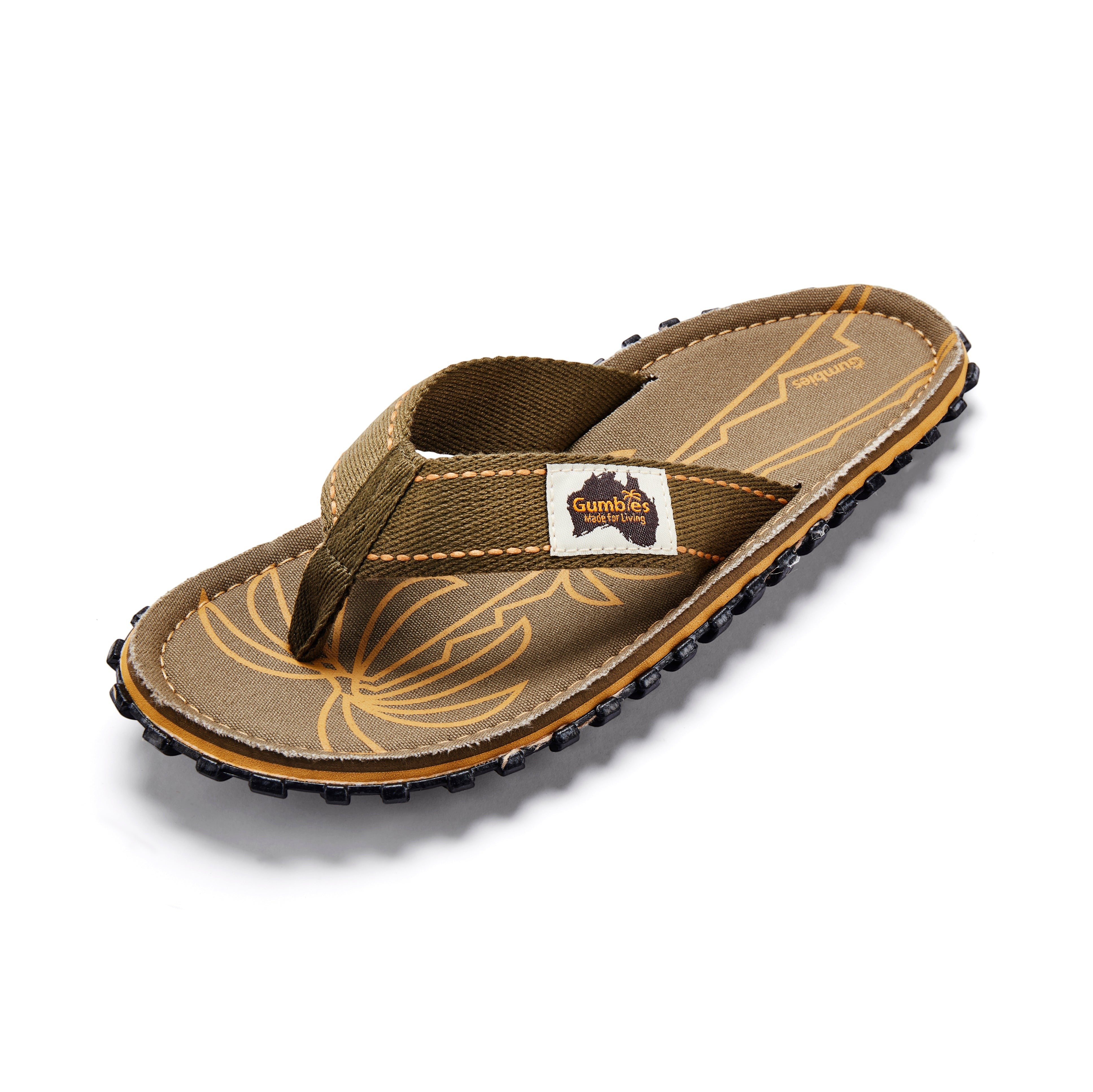 GUMBIES FRANCE Islander palm leaf khaki flip-flops with natural cotton straps and recycled rubber sole.