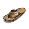 GUMBIES FRANCE Islander palm leaf khaki flip-flops with natural cotton straps and recycled rubber sole.