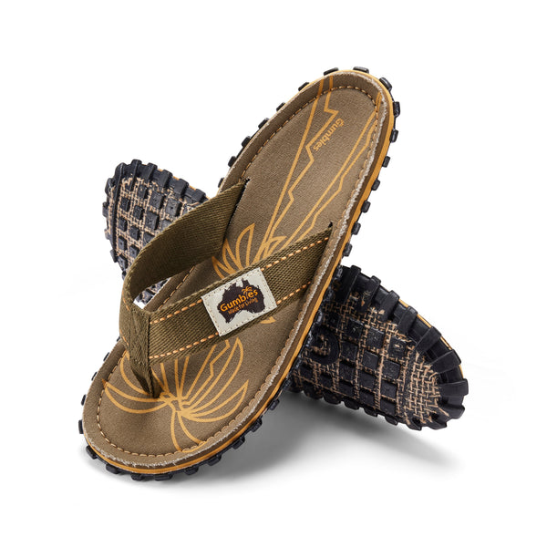 GUMBIES FRANCE Islander Palm Leaf Khaki flip-flops with natural cotton straps and recycled rubber sole.