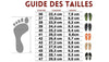 GUMBIES FRANCE size chart for Islander Palm Leaf Khaki flip-flops, showing foot measurements and sandal examples.