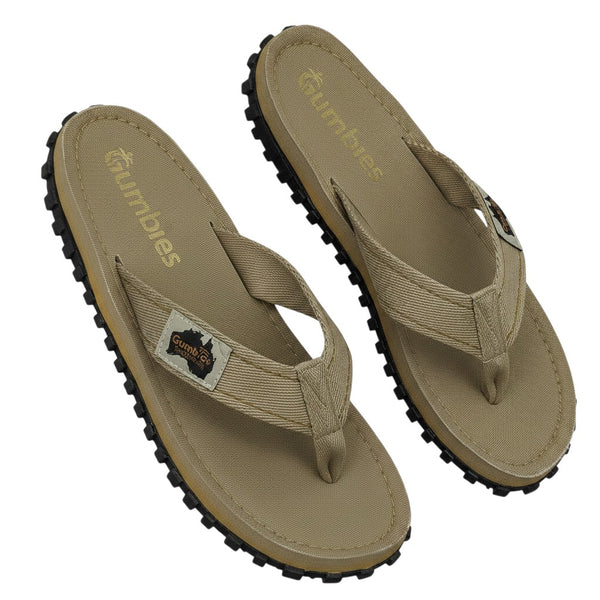 Gumbies FRANCE Islander classic sand canvas flip-flops with textured rubber sole.