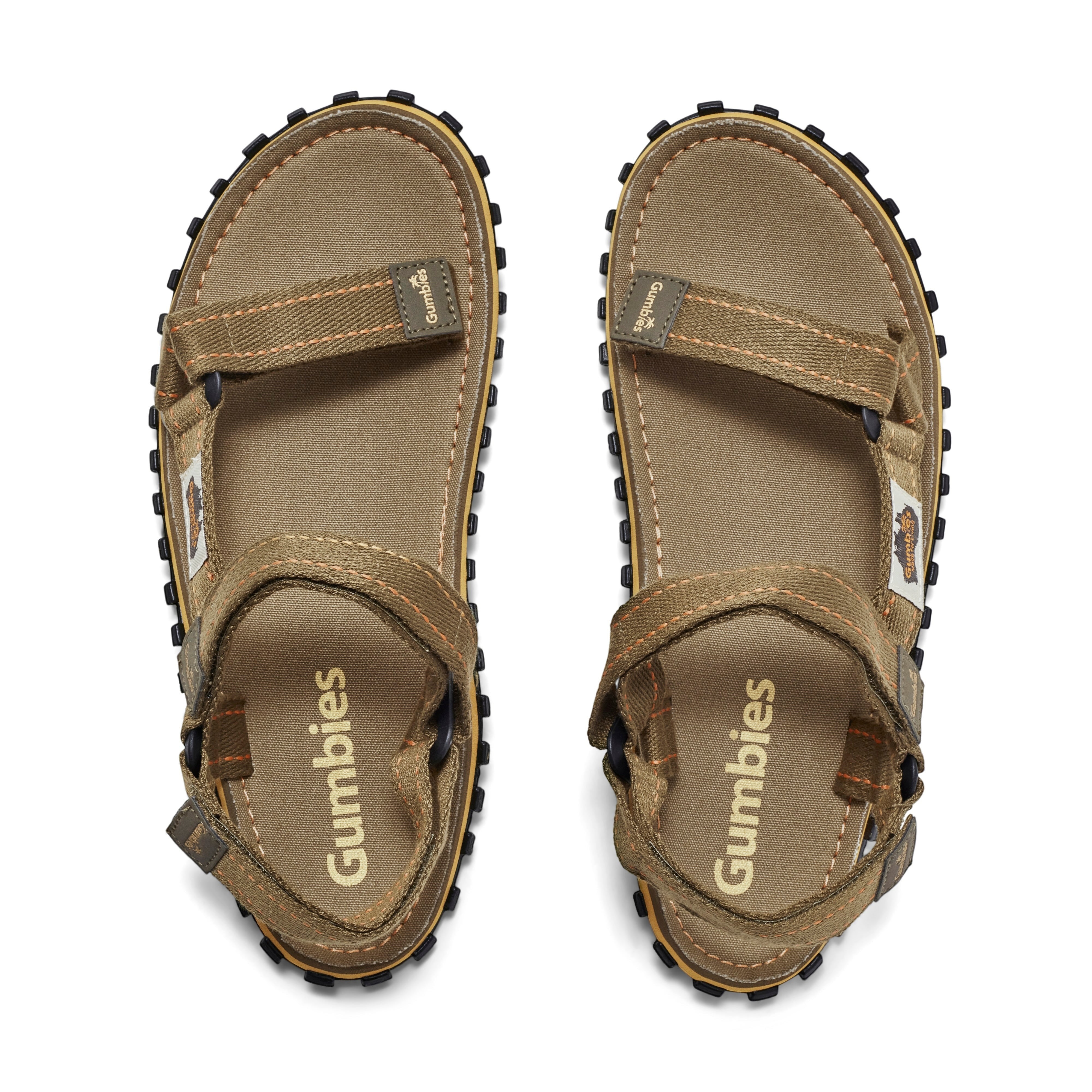 GUMBIES FRANCE khaki canvas adjustable strap sandals with ergonomic footbed and recycled rubber sole.
