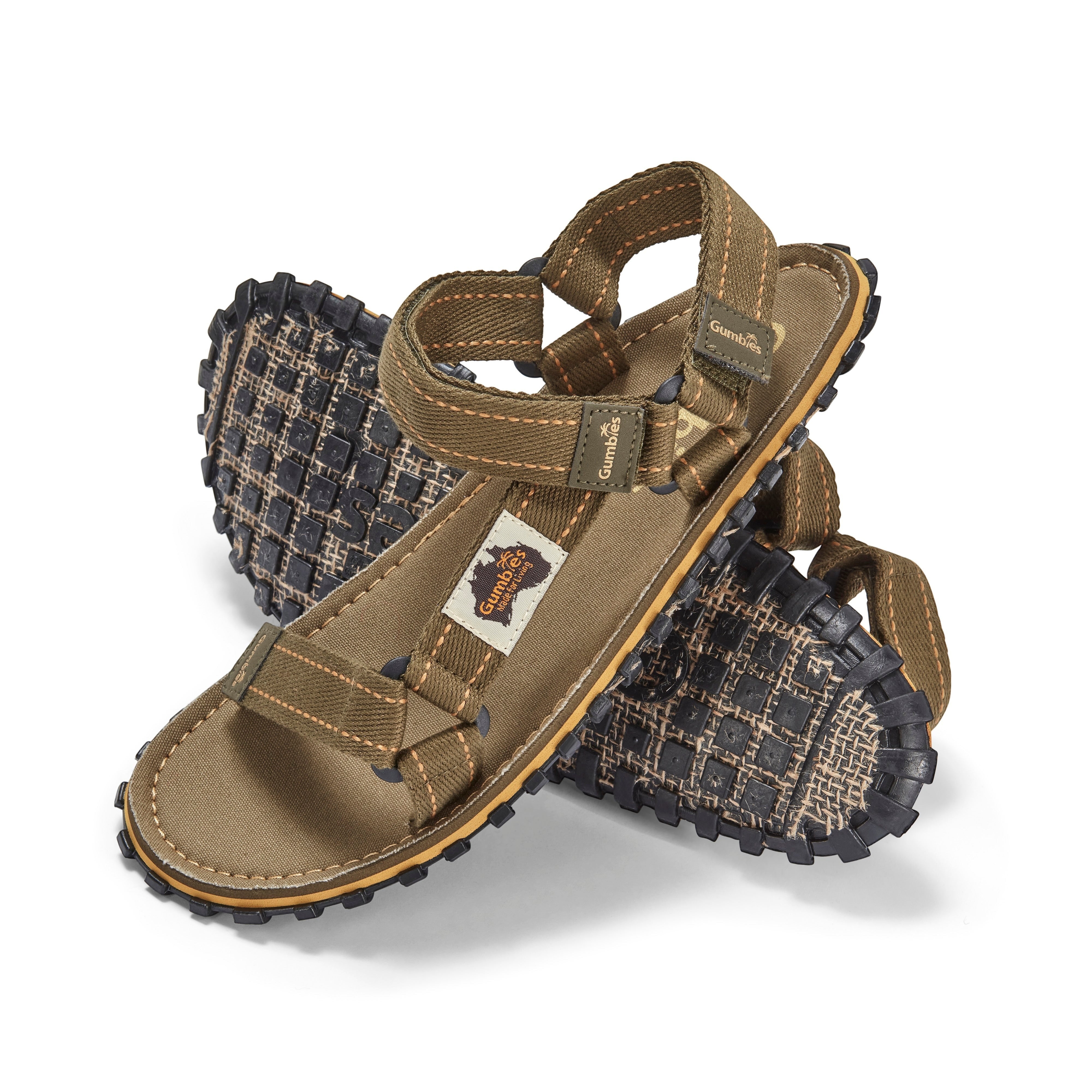 GUMBIES FRANCE khaki cotton strap sandals with adjustable fit and durable recycled rubber sole.