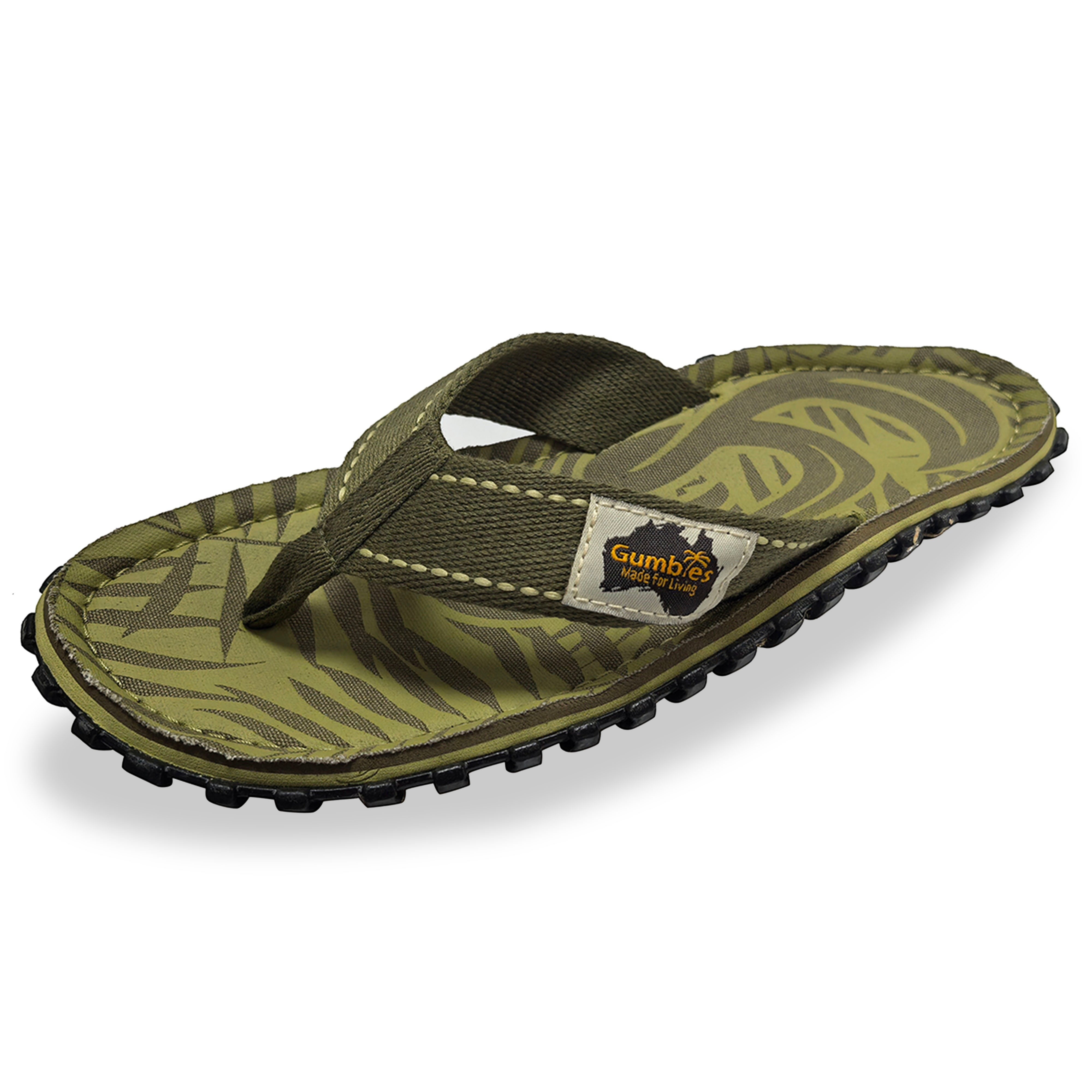GUMBIES FRANCE men's khaki green flip-flops with palm leaf pattern and natural cotton straps.