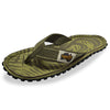 GUMBIES FRANCE men's khaki green flip-flops with palm leaf pattern and natural cotton straps.