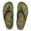 GUMBIES FRANCE men's khaki flip-flops with palm leaf pattern and textured sole.