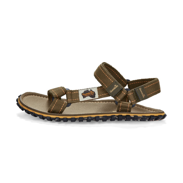 GUMBIES FRANCE khaki adjustable cotton strap sandals with ergonomic footbed and recycled rubber sole.