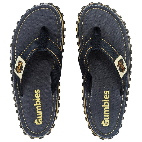 GUMBIES FRANCE navy blue unisex flip-flops with yellow stitching and jute sole detail.
