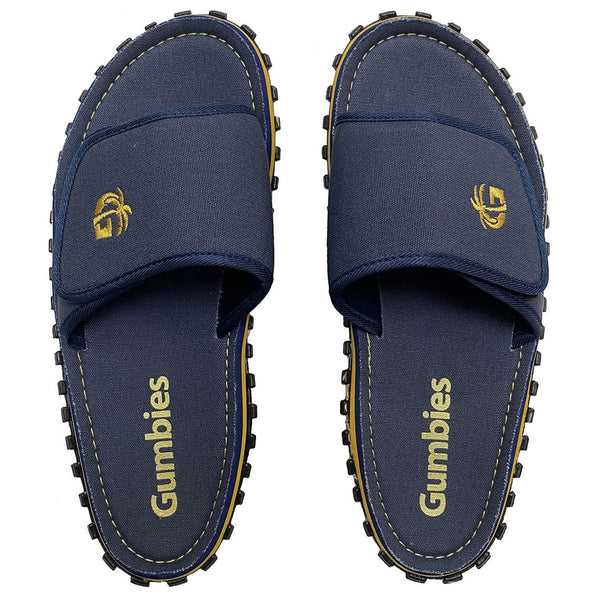 GUMBIES FRANCE navy blue adjustable strap slides for men with embroidered palm tree logo and yellow Gumbies text on sole.