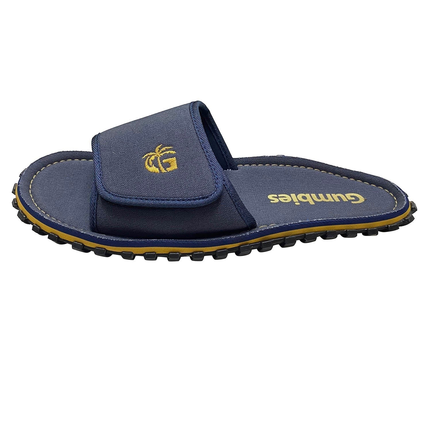 GUMBIES FRANCE navy blue adjustable strap slide sandals for men with embroidered palm tree logo and yellow trim.