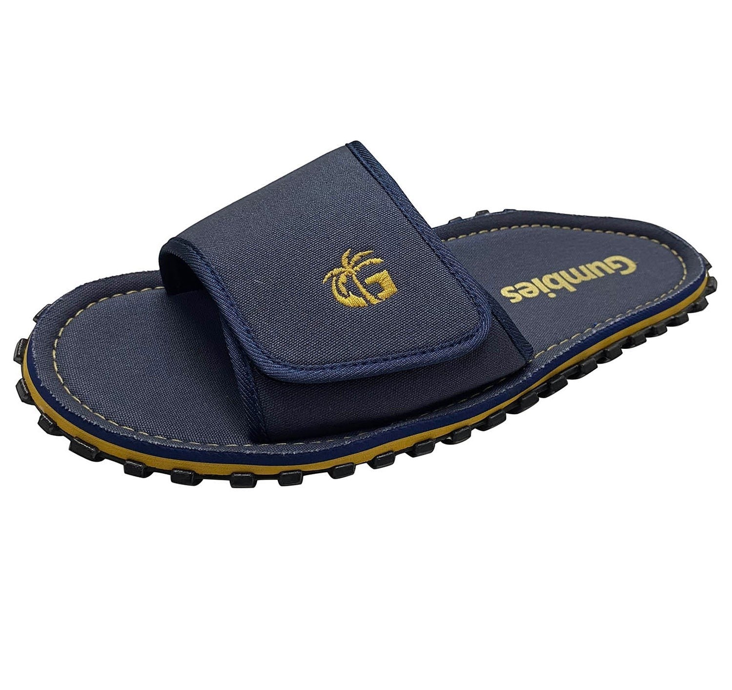GUMBIES FRANCE navy blue men's ecological slide sandals with adjustable strap and yellow trim.