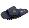 GUMBIES FRANCE navy blue men's ecological slide sandals with adjustable strap and yellow trim.