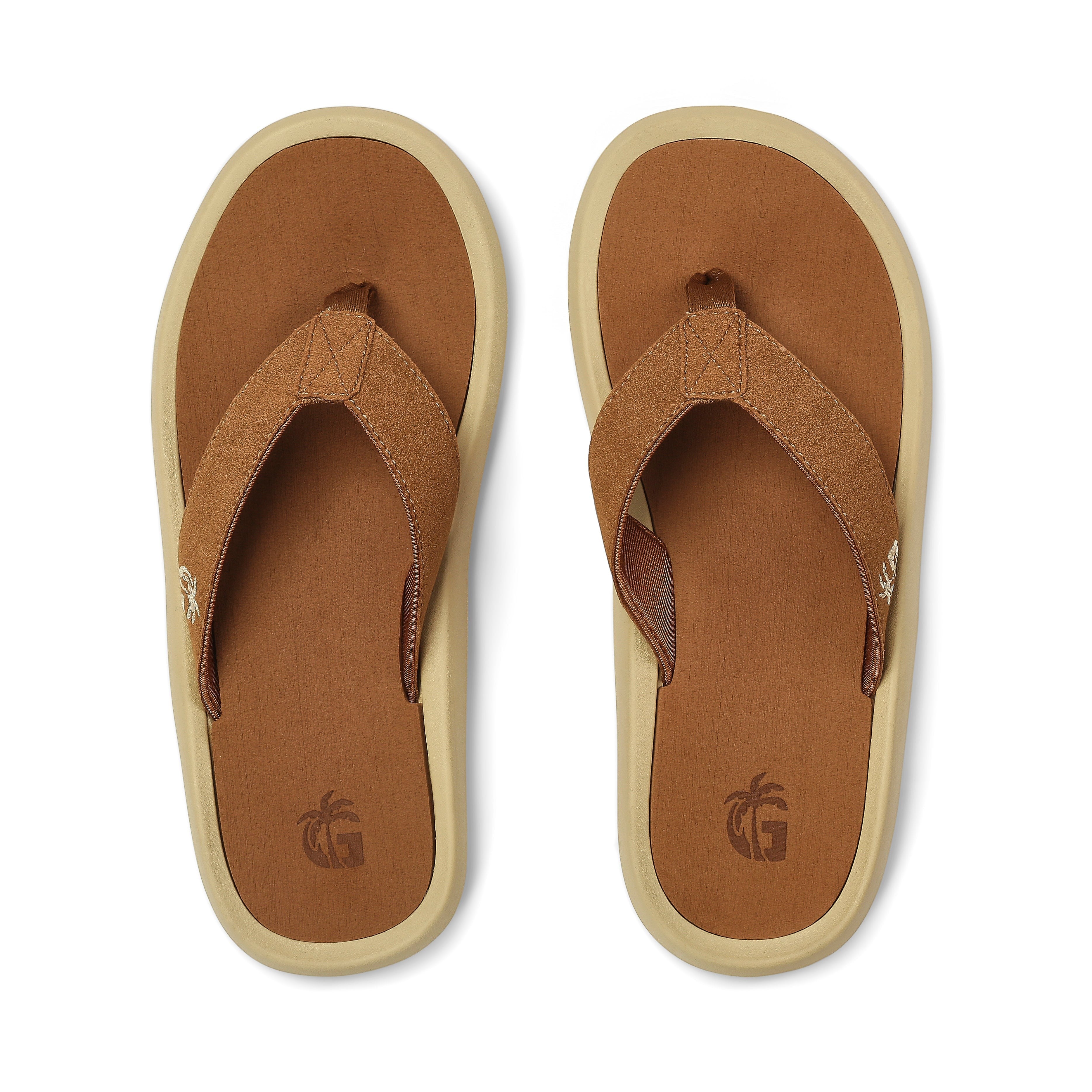 GUMBIES FRANCE Noosa beige suede flip-flops with cushioned EVA foam sole and rubber outsole. Casual summer footwear.