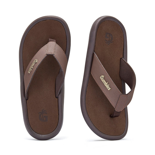 GUMBIES FRANCE Noosa brown faux leather flip-flops with cushioned algae foam EVA sole and rubber base.