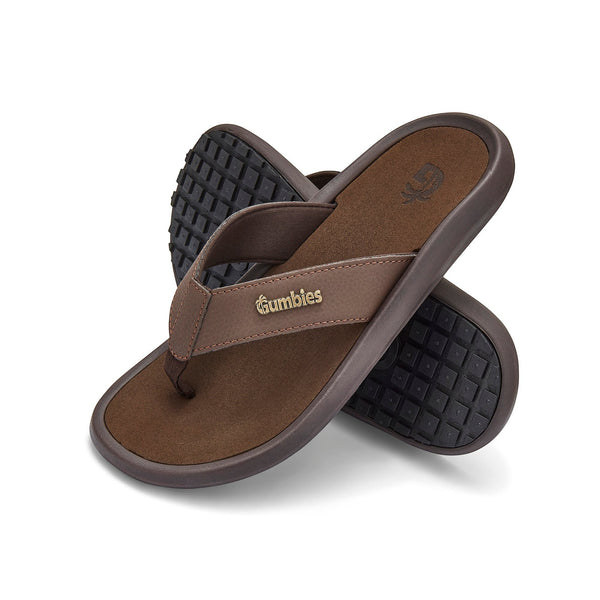 Gumbies FRANCE Noosa brown faux leather and cotton flip-flops with cushioned EVA algae foam sole and rubber outsole.