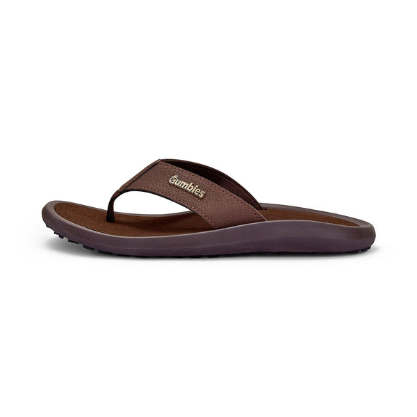 Gumbies FRANCE Noosa brown faux leather flip-flops with cushioned algae foam sole and cotton strap.