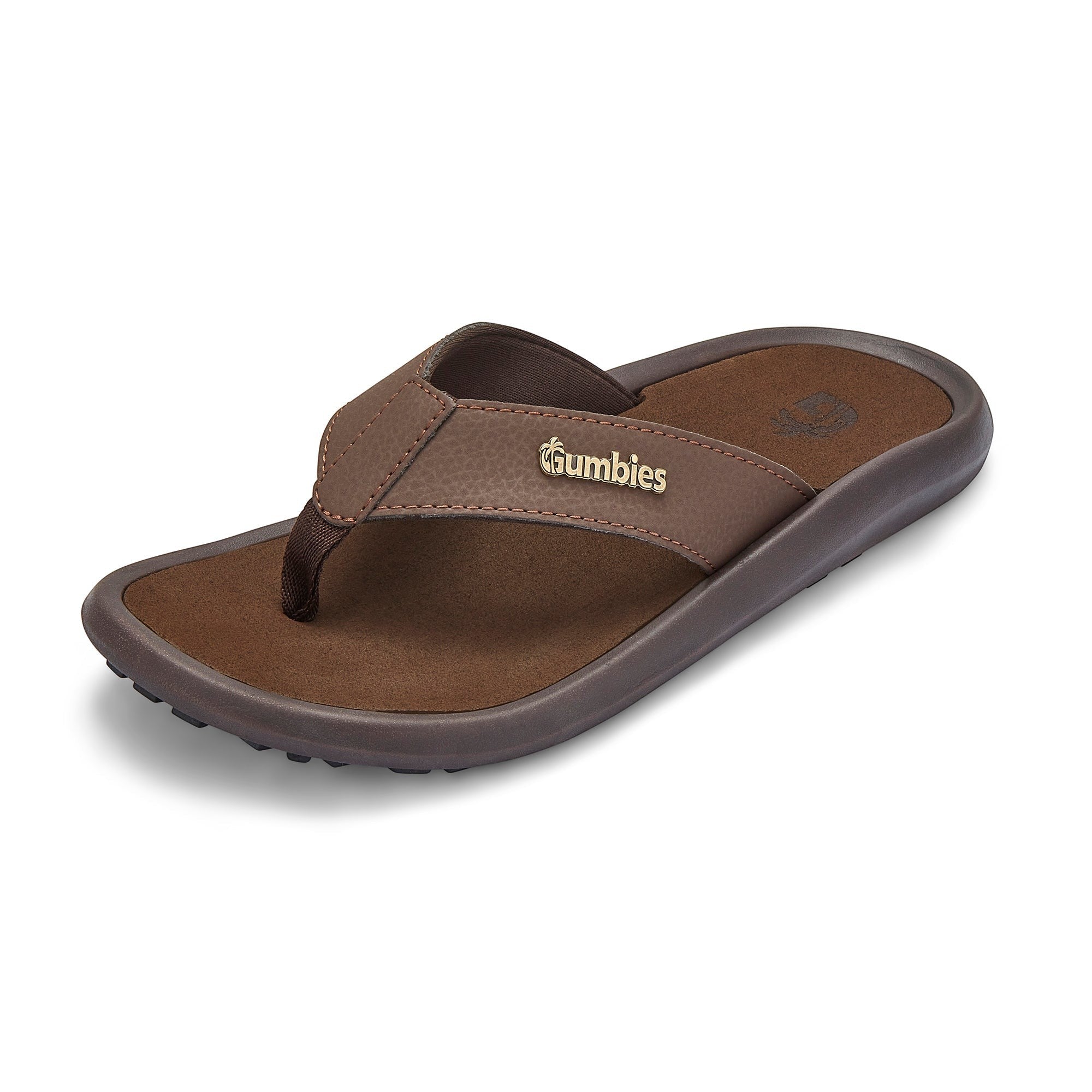 Gumbies FRANCE Noosa brown faux leather flip-flops with cushioned footbed and rubber sole.