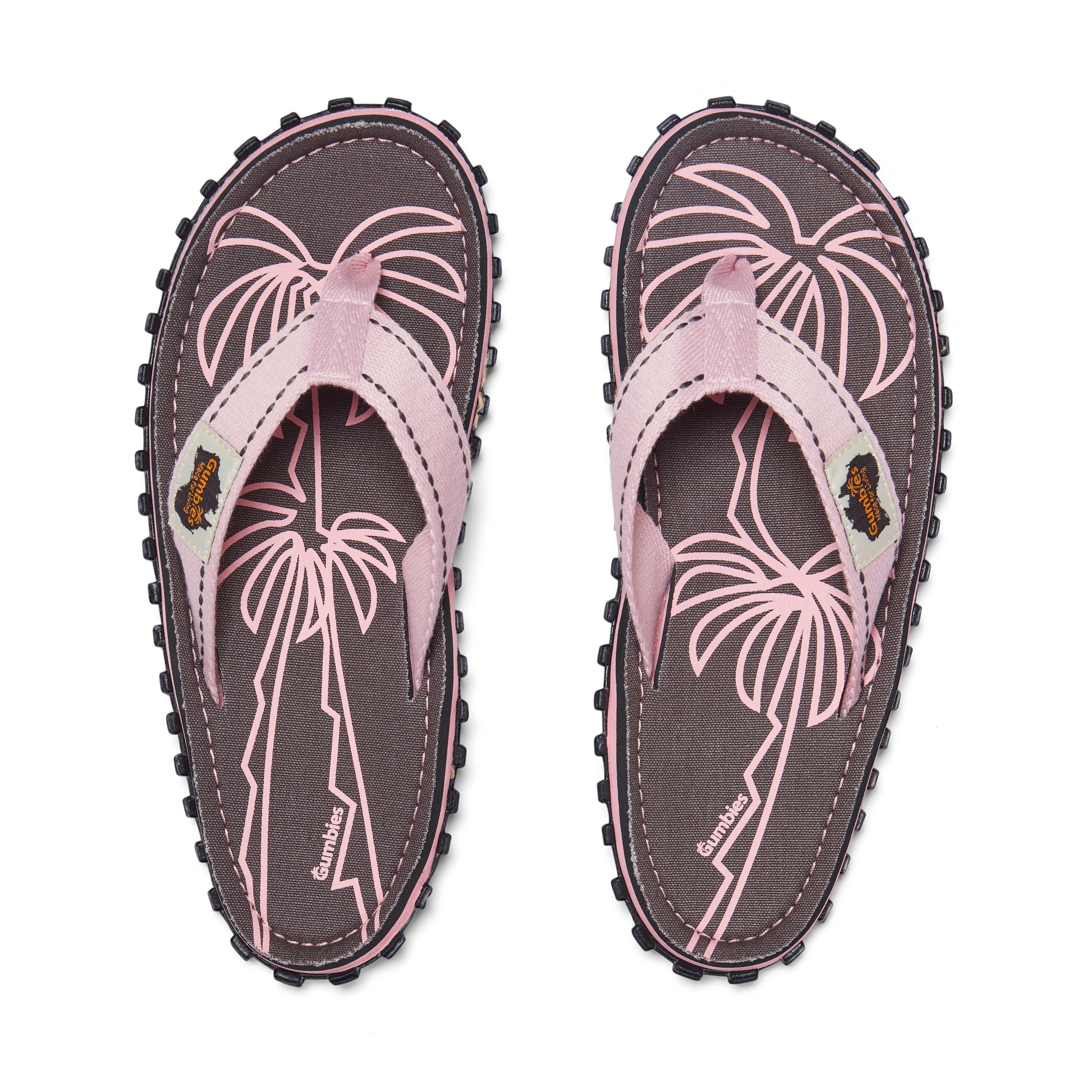 GUMBIES FRANCE Islander palm leaf pink flip-flops with recycled rubber sole and natural cotton straps.