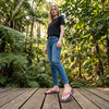 GUMBIES FRANCE Islander Primrose flip-flops with navy blue floral print and pink canvas straps.
