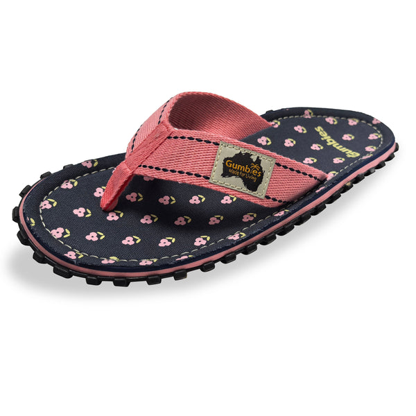 Gumbies FRANCE women's eco-friendly flip-flops in primrose pink with a navy blue floral print and jute sole.