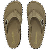GUMBIES FRANCE tan canvas flip-flops for men and women with textured black soles and Gumbies branding.