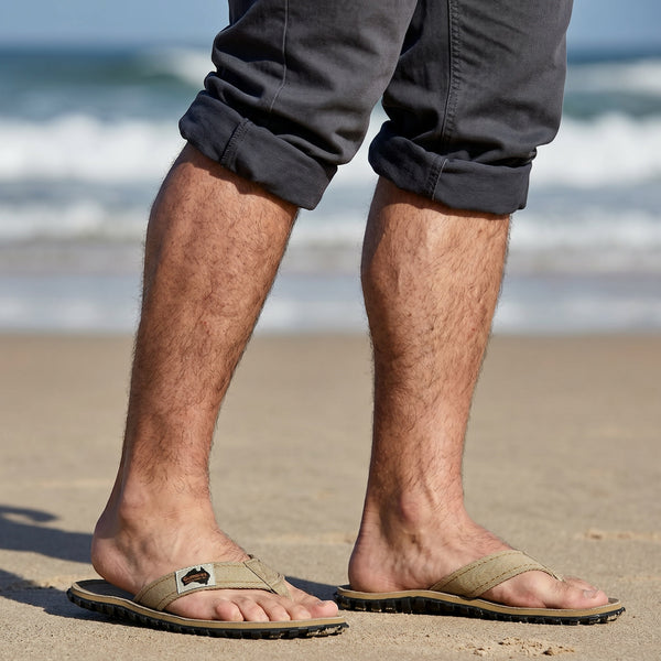 GUMBIES FRANCE tan canvas flip-flops with black soles on a man's feet at the beach.