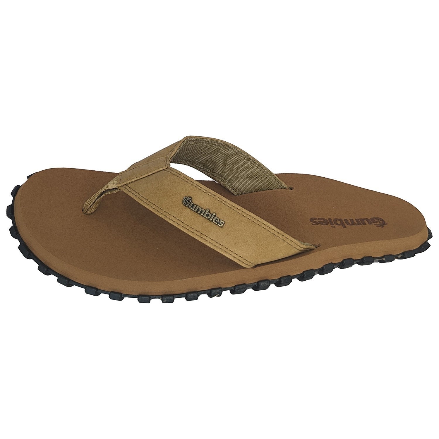 GUMBIES FRANCE tan flip-flops for men, made with recycled rubber and jute, featuring a Bloom foam sole for natural comfort.
