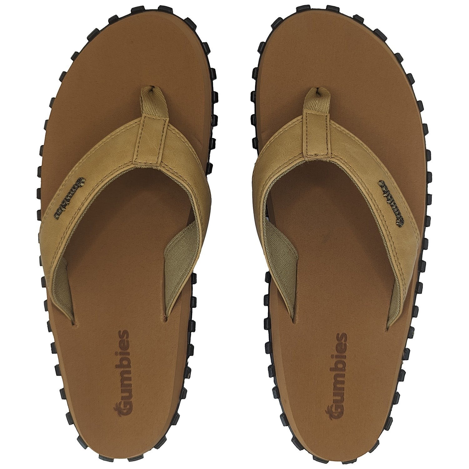 GUMBIES FRANCE tan leather flip-flops for men with ergonomic footbed and durable recycled rubber sole.