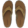 GUMBIES FRANCE tan leather flip-flops for men with ergonomic footbed and durable recycled rubber sole.