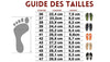 GUMBIES FRANCE size chart for Tracker sandals, showing foot measurements and corresponding shoe sizes. Includes images of flip-flops in black, orange, and natural.