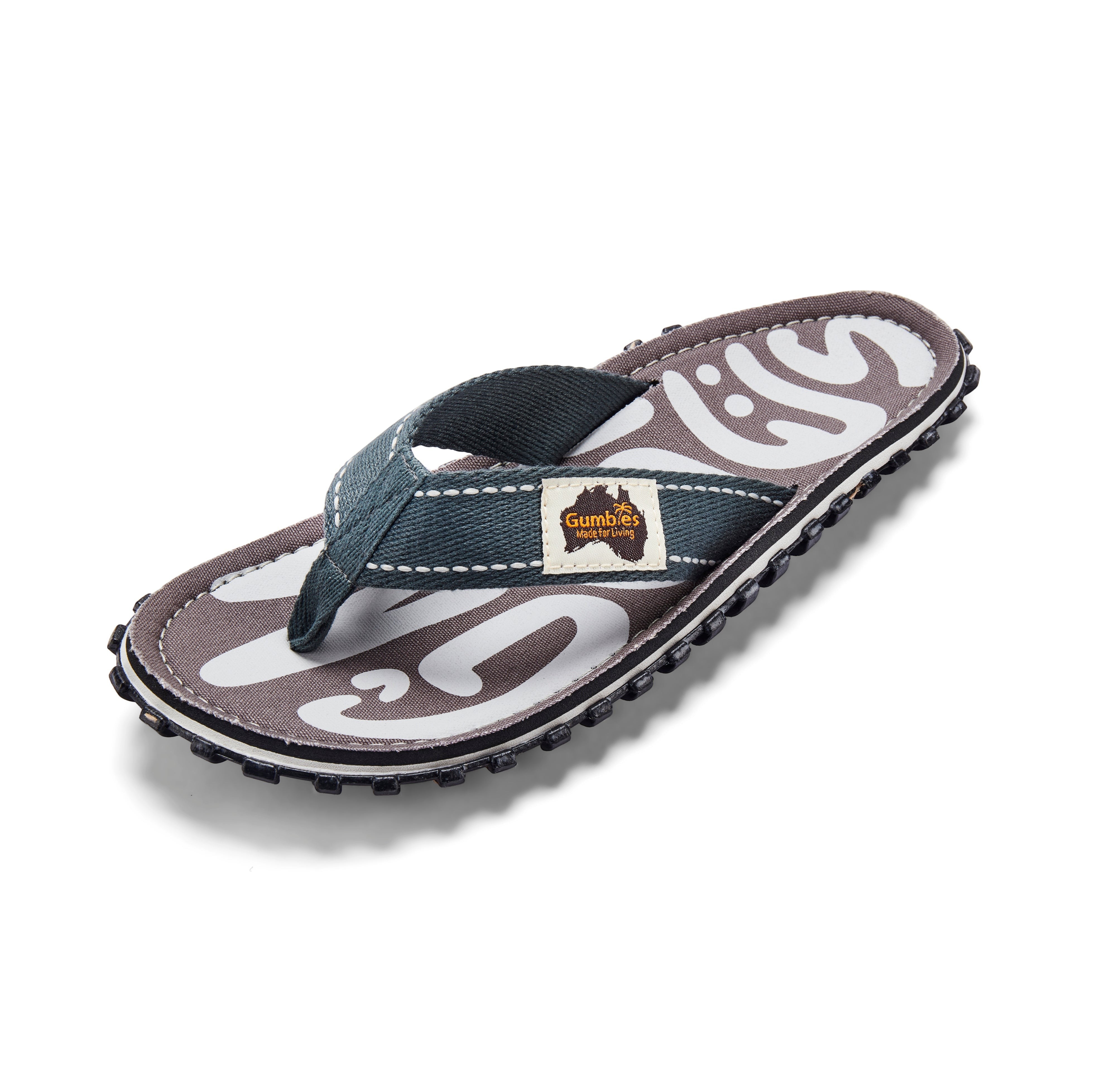 GUMBIES FRANCE Islander Urban Grey flip-flops with a dark grey canvas strap and a patterned sole made from recycled rubber and jute.